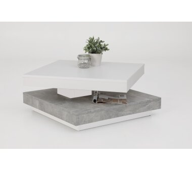 Funktionscouchtisch Andy mit Ablageboden, drehbar, Farbe weiß / betonoptik, BxTxH 67 x 67 x 35 cm