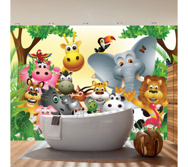 Vlies Fototapete no. 13 | Jungle Animals Party Kindertapete Tapete Kinderzimmer Dschungel Zoo Tiere Giraffe Löwe Affe bunt