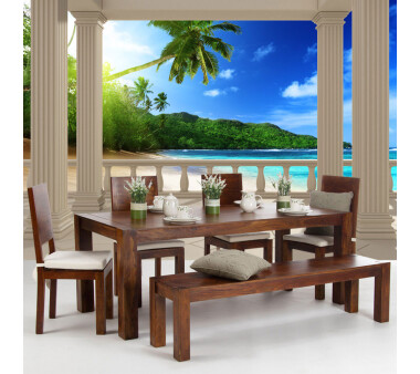Vlies Fototapete no. 121 | Terrace View Caribbean Beach Meer Tapete Ausblick Terrasse Seeblick 3D Strand Sonne Palmen blau