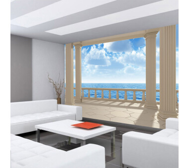 Vlies Fototapete no. 122 | Terrace View Silent Ocean Meer Tapete Ausblick Terrasse Seeblick 3D Strand Sonne Wolken blau