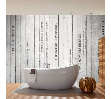 Vlies Fototapete no. 125 | Words on Wooden Wall II Schriftkunst Tapete Holzoptik Holzwand Paneel mit Text weiß Brett grau