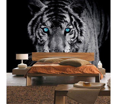 Vlies Fototapete no. 426 | Tiere Tapete Tiger Gesicht Auge blau schwarz-weiß blau
