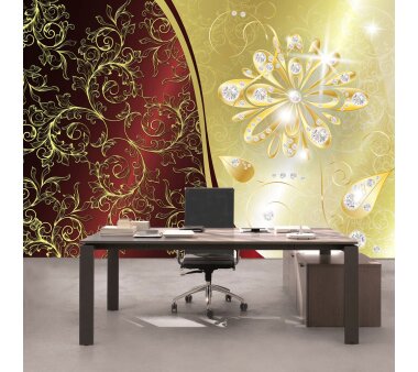 Vlies Fototapete no. 552 | Ornamente Tapete Abstrakt Blume Blüte Diamant Schnörkel Schwung Muster gold