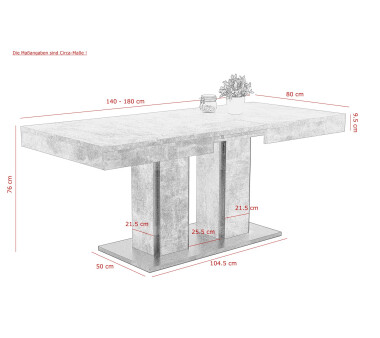 Esszimmertisch Rose T, Säulentisch, ausziehbar 140-180 cm, beton / anthrazit