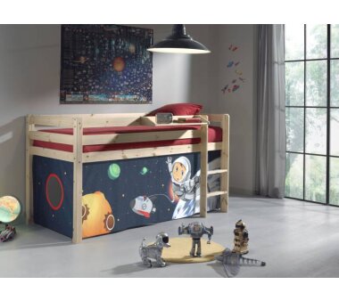 Vipack Spielbett Pino, 90 x 200 cm, mit Textilset Spaceman, Kiefer massiv, natur lackiert